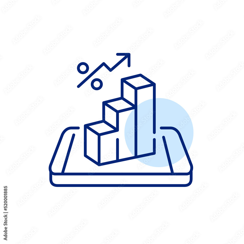 Growing bar chart on isometric smartphone. Pixel perfect, editable stroke line art icon Growing bar chart on isometric smartphone. Pixel perfect, editable stroke line art icon