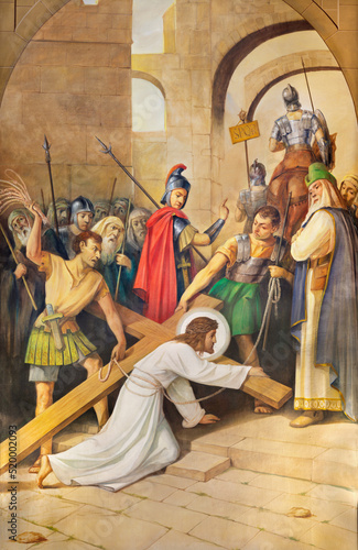 VALENCIA, SPAIN - FEBRUAR 17, 2022: The painting Jesus fall under the cross as part of Cross way of church Iglesia de Buen Pastor by Bellver Delmáy from middle of 20. cent.