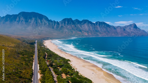 Kogelbay beach Western Cape South Africa, Kogelbay Rugged Coast Line with spectacular mountains. Garden route, drone aerial view at the road and beach