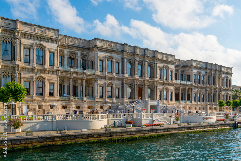 Istanbul, Turkey - June 18 2022: Ciragan Palace next to the sea.
