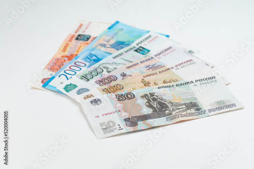 Russian rubles background. Money background and texture. Banknotes of different denominations