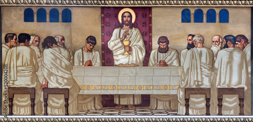 ZURICH  SWITZERLAND - JULY 1  2022  The fresco of Last Supper in the church Pfarrkirche Liebfrauen by Fritz Kunz  1906 .
