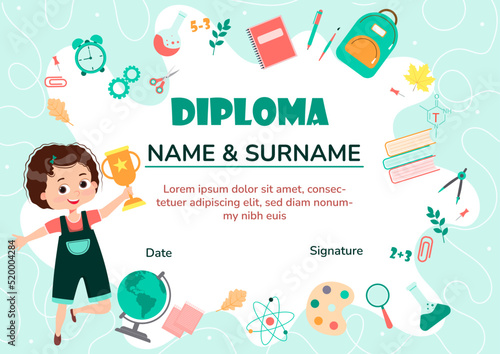 Cute diploma certificate template for school student and preschool for kids and children in kindergarten or primary grades with school pack, kit.Vector cartoon colorful flat illustration
