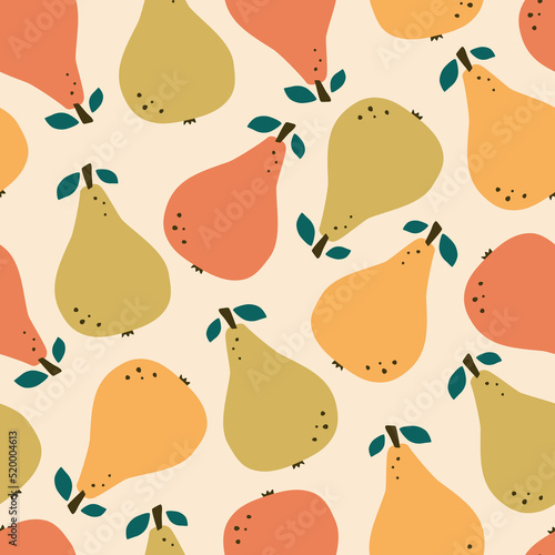 Fototapeta Naklejka Na Ścianę i Meble -  Tutti frutti pears with green leaf hand drawn vector illustration. Juicy fruit seamless pattern for children fabric or wallpaper.