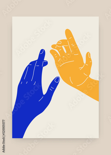 Hands touching each other Ukrainian colors. Modern Matisse inspired art print of blue yellow flat hands. Support Ukraine. Vector illustration