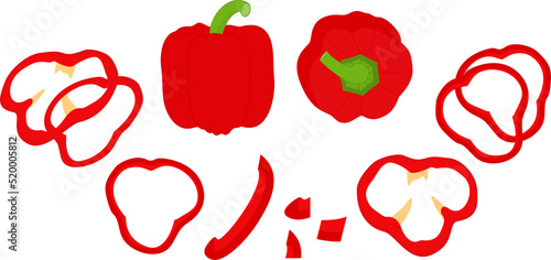 Bulgarian pepper, paprika, bell pepper. Whole, half, cut ​​and sliced ​​peppers. Sliced ​​pepper slices. Whole and slices. Vegetable rings, seasoning for cooking. Vector illustration isolated on white