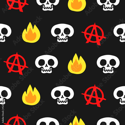 Skull,anarchy sign and flame seamless pattern,wallpaper.Vector hand drawn cartoon character illustration.Skull,fire,flame,anarchy,punk seamless pattern wallpaper print