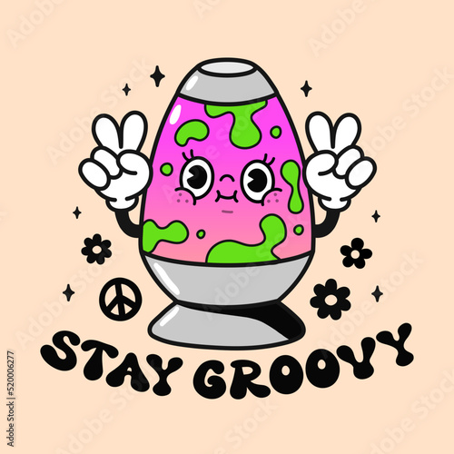 Cute funny lava lamp t-shirt print design. Stay groovy slogan . Vector retro vintage cartoon character illustration art.Funny lava lamp,60s,70s,hippie print for t-shirt,poster,sticker,logo art concept