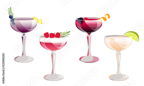 Cocktail set .Summer refreshing drinks.Blueberry cocktail, clover club, berry cocktail with raspberries and blackberries, daiquiri hemingway.
