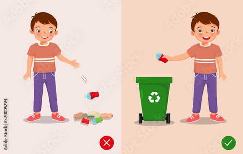 do not littering illustration boy right and wrong behavior throwing trash in rubbish bin and on the ground 