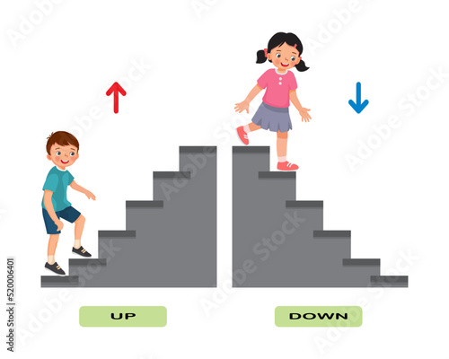 Opposite adjective antonym words illustration of kids go up and down stair explanation flashcard with text label photo