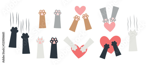 International Cat Day set. Cute icons, cat paws with scratches and a heart, kitten paws can be used for homeless animal shelters, pet stores and veterinary clinics. Feline signs and symbols, cat love.