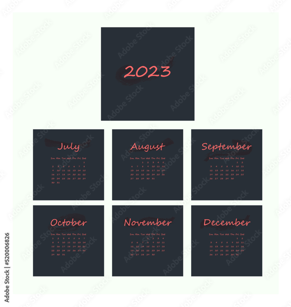 The second part of the 2023 calendar with pink text on dark background. Minimalistic monthly calendar with watercolor splash