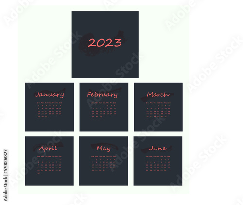 The first part of the 2023 calendar with pink text on dark background. Minimalistic monthly calendar with watercolor splash