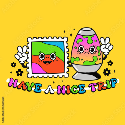 Cute funny lava lamp and lsd acid mark t-shirt print design. Have a nice trip slogan . Vector retro vintage cartoon character illustration art.Funny hippie print for t-shirt art concept