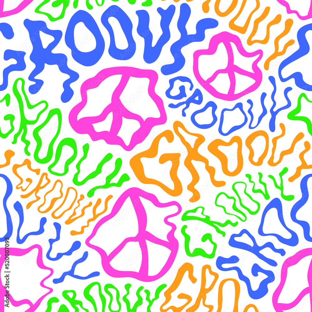 Deformed wavy groovy word and peace sign seamless pattern wallpaper.Vector graphic character illustration.Groovy,trippy lettering,lsd,acid,60s,70s,psychedelic seamless pattern wallpaper print concept Deformed wavy groovy word and peace sign seamless pattern wallpaper.Vector graphic character illustration.Groovy,trippy lettering,lsd,acid,60s,70s,psychedelic seamless pattern wallpaper print concept
