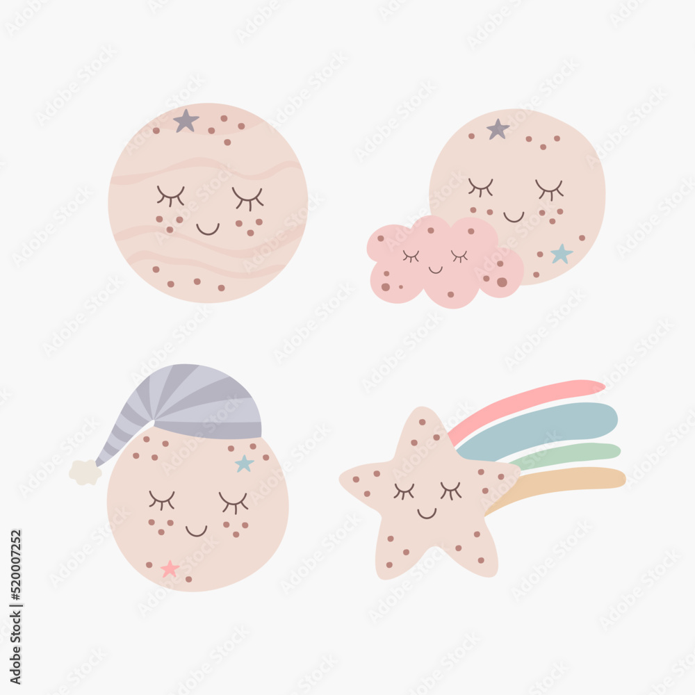 Scandinavian boho cute cartoon set of planets, cloud, falling star. Hand drawn vector elements for nursery decoration, baby shower, children's party, poster, invitation, postcard, kids clothes Scandinavian boho cute cartoon set of planets, cloud, falling star. Hand drawn vector elements for nursery decoration, baby shower, children's party, poster, invitation, postcard, kids clothes