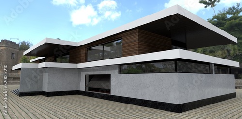 Luxurious house with a flat roof. Wall decoration is white marble. marble and facade board. Plinth black marble. Paving stone concrete tiles. 3d render.