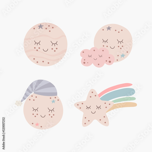 Scandinavian boho cute cartoon set of planets, cloud, falling star. Hand drawn vector elements for nursery decoration, baby shower, children's party, poster, invitation, postcard, kids clothes