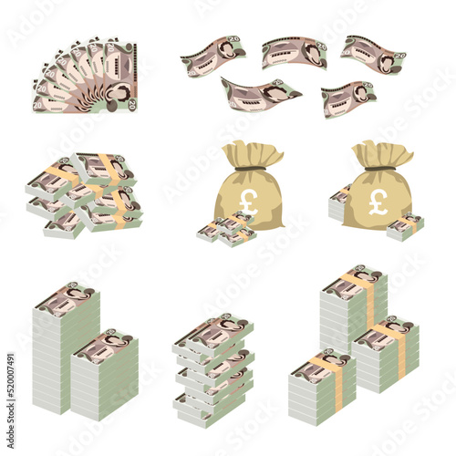 Saint Helena Pound Vector Illustration. Huge packs of Atlantic islands money set bundle banknotes. Bundle with cash bills. Deposit, wealth, accumulation and inheritance. Falling money 20 SHP