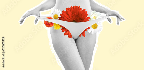 Contemporary art collage. Cropped image of female body and flowers isolated on yellow background. Femininity.
