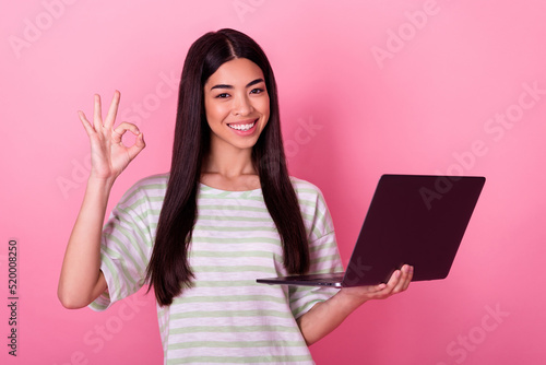 Portrait of attractive positive vietnamese person arm fingers show okey symbol hold netbook isolated on pink color background