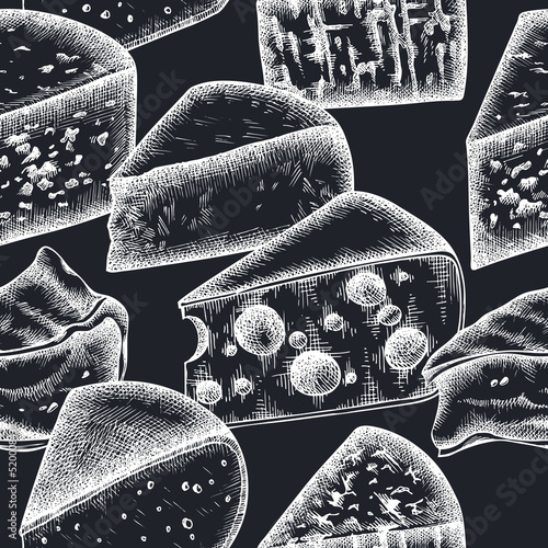 Cheese seamless pattern background design. Engraved style. Hand drawn brie, gouda cheese, roquefort, etc.