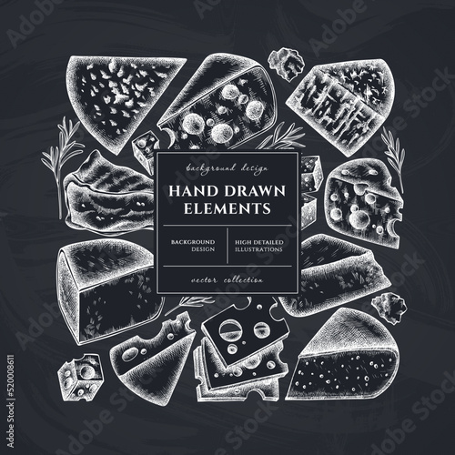 Cheese square card or invitation design. Frame design with brie, gouda cheese, roquefort, etc.