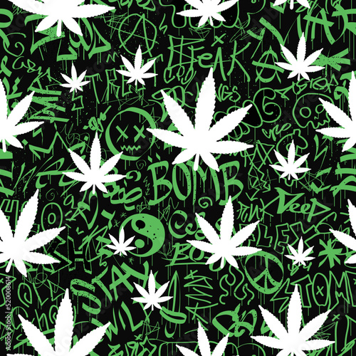 Hand drawn graffiti quotes and weed lead seamless pattern wallpaper.Vector graphic illustration.Graffiti lettering,urban art,marijuana,cannabis,weed leaf seamless pattern wallpaper print concept