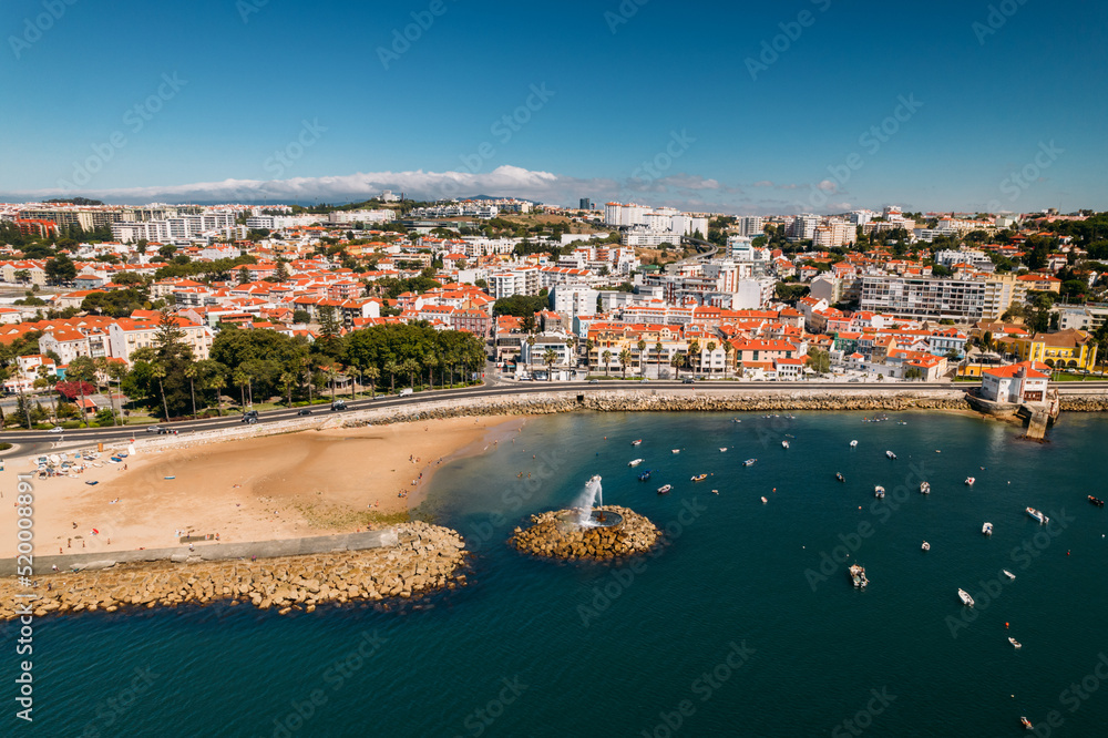 Aerial View of Praia Velha which means Old Beach at Paco de Arcos bay in Oerias, Lisbon Region, Portugal