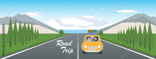 Cartoon style of vintage style yellow car with 2 people and baggages for road trip traveling with mountain and sea view background. 