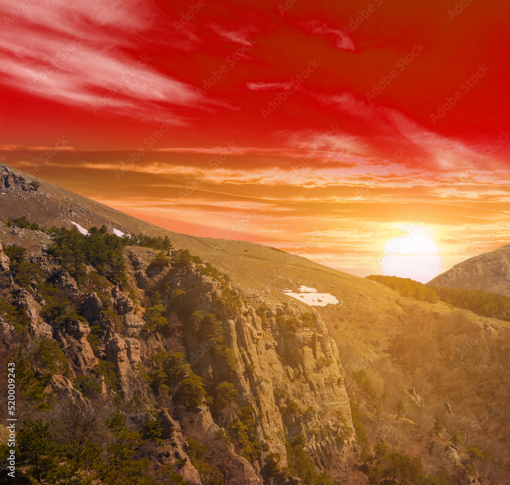 mountain chain at the red dramatic sunset, stylized natural mountain background