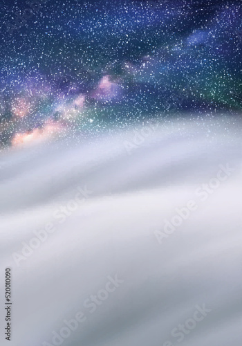 Clouds and starry sky. Natural background with fog waves and Milky Way