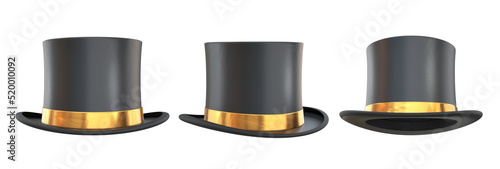 Set of black top hat with a gold ribbons on a white background, 3d render