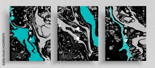Abstract liquid poster  fluid art vector texture collection. Artistic background that applicable for design cover  poster  brochure and etc. Black  aquamarine and white creative iridescent artwork.