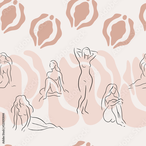 Hand drawn seamless pattern with women's silhouettes and vulvas. Body positive concept. Organic tender illustration.
