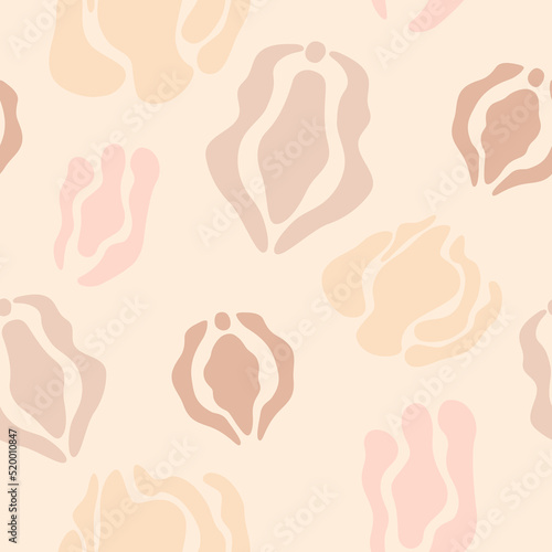 Hand drawn seamless pattern with vulvas and flowers. Body positive concept. Abstract tender illustration.