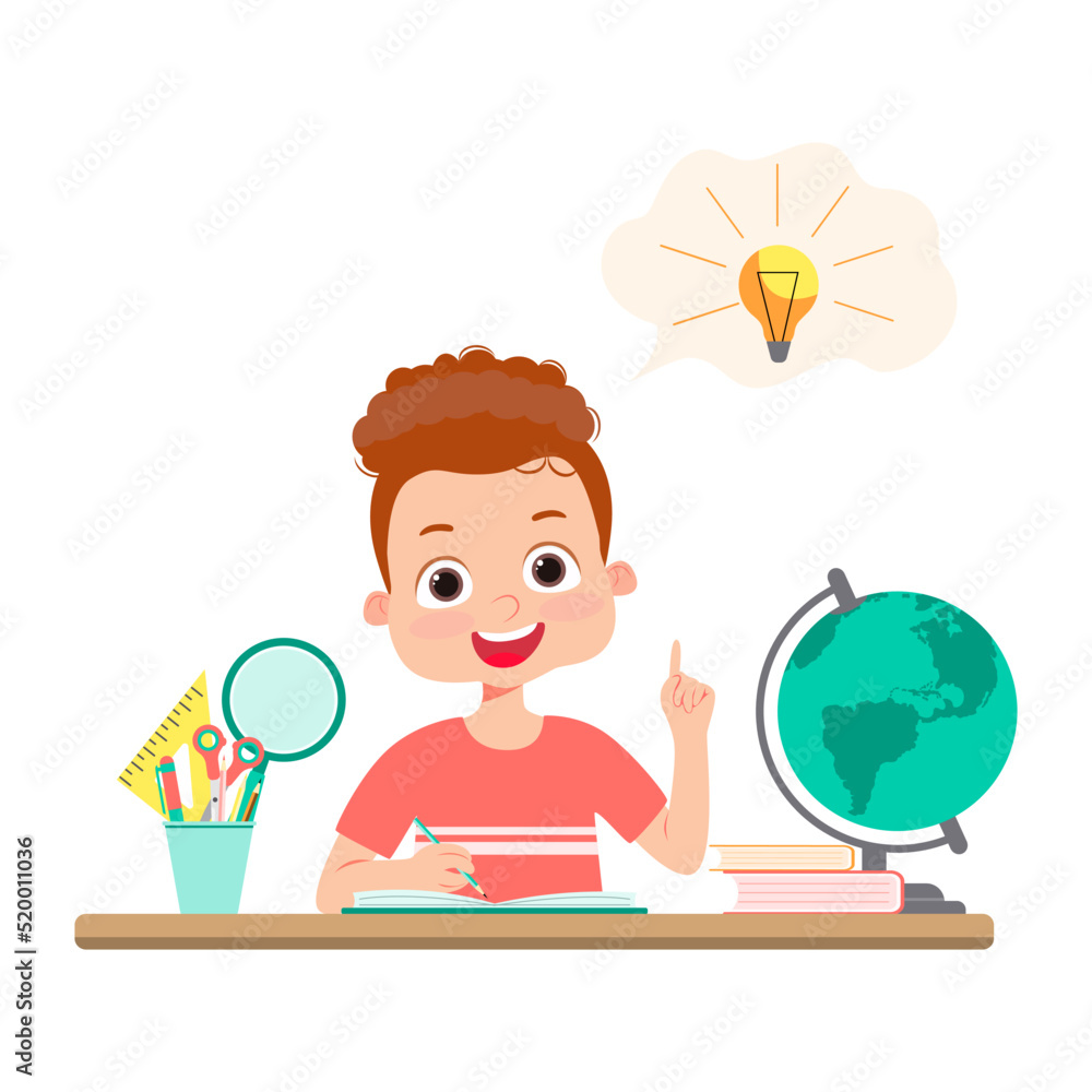 Cute little kid do homework and find the answer. Vector cartoon colorful flat illustration Cute little kid do homework and find the answer. Vector cartoon colorful flat illustration