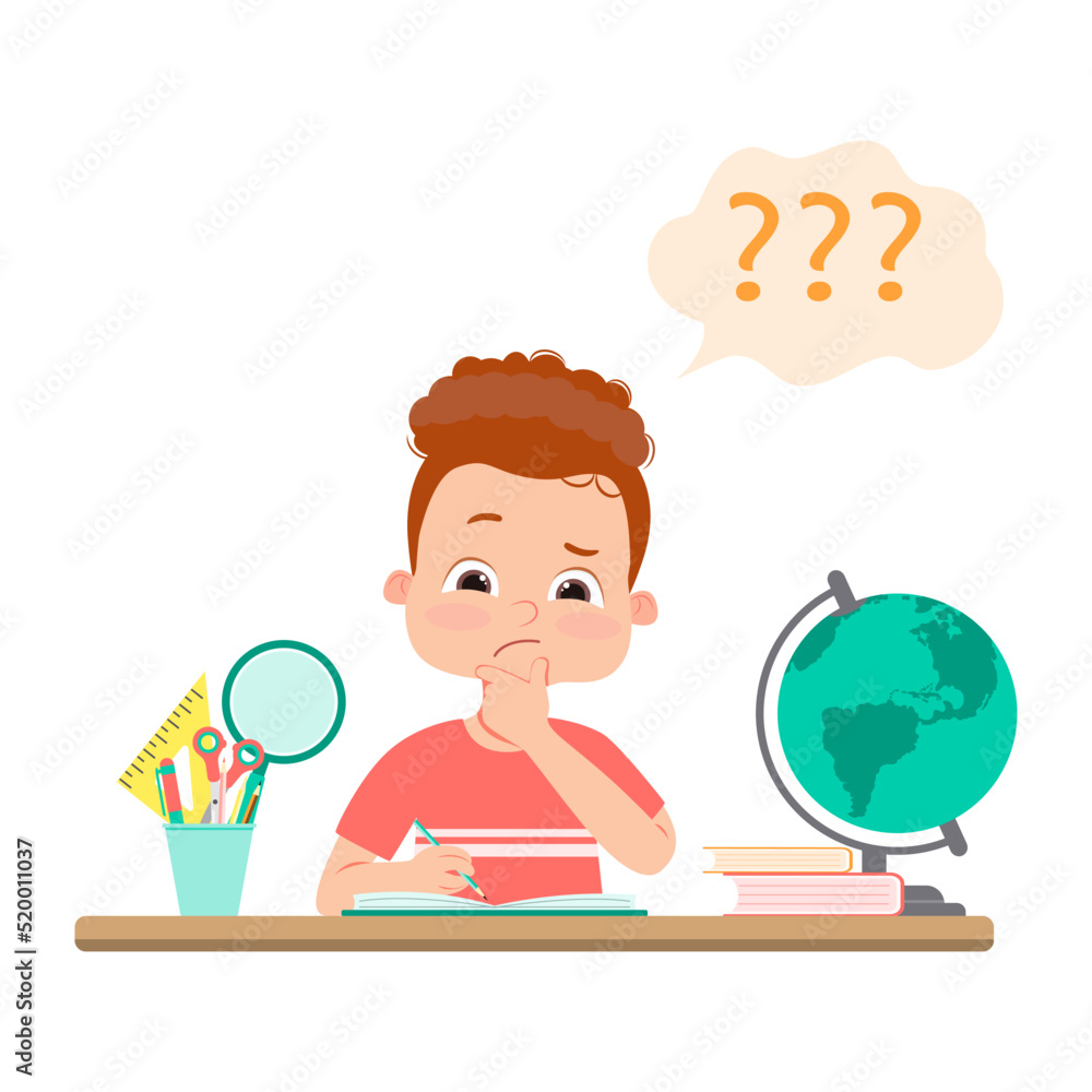 Vector illustration of a cartoon little boy doing hard homework on the table. Vector illustration of a cartoon little boy doing hard homework on the table.