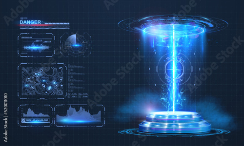 Abstract style on black background. Blank display, stage or podium for show product in futuristic cyberpunk style fantasy frame portal and future data. Light aura and glowing hologram.