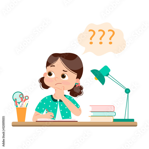 Vector illustration of a cartoon stressed little girl doing hard homework on the desk.	
