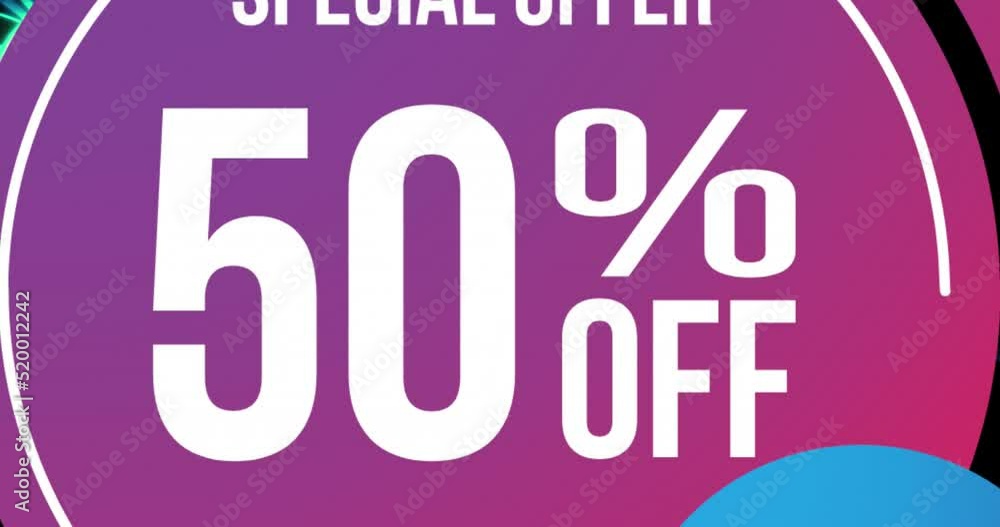 Animation of 50 percent off in circle over lines on black background Animation of 50 percent off in circle over lines on black background
