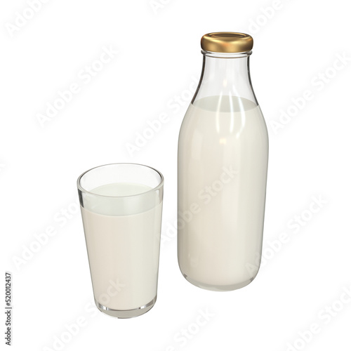 Glass bottle and glass with milk on a white background, 3d render