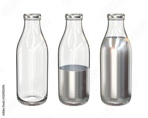 Fotografi Set of glass bottles empty, half and full of silver liquid, 3d render