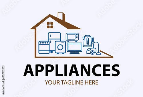 Modern minimalist home appliance store logo. Refrigerator stove and washing machine icon.