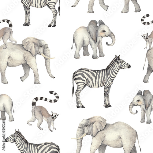 Hand-painted watercolor pattern with African animals elephant  zebra and lemur on a white background.