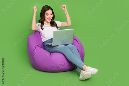 Photo of sweet lucky lady wear white t-shirt sitting beanbag reading device rising fists empty space isolated green color background © deagreez