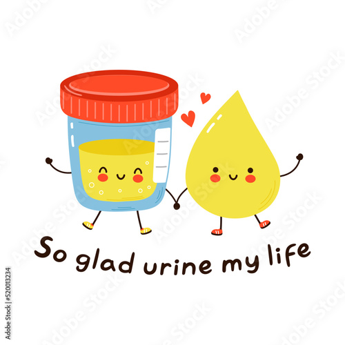 Cute funny urine analysis character. Vector hand drawn cartoon kawaii character simple illustration icon. Urine drop and analysis bottle cartoon character concept