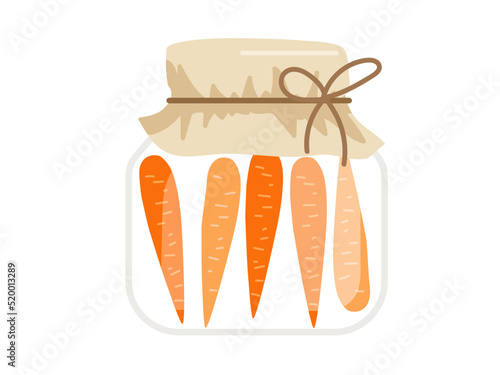 Canned carrot hand drawn doodle sketch isolated. Jar preserved vegetables. Flat vector Food template for menu, sticker, logo, detox diet concept, farmers market. Fresh farm vegetables for diet