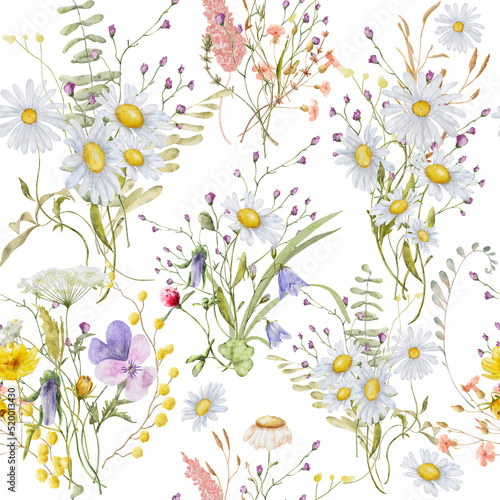 Wild flowers watercolor seamless pattern botanical hand drawn illustration © EvgeniiasArt
